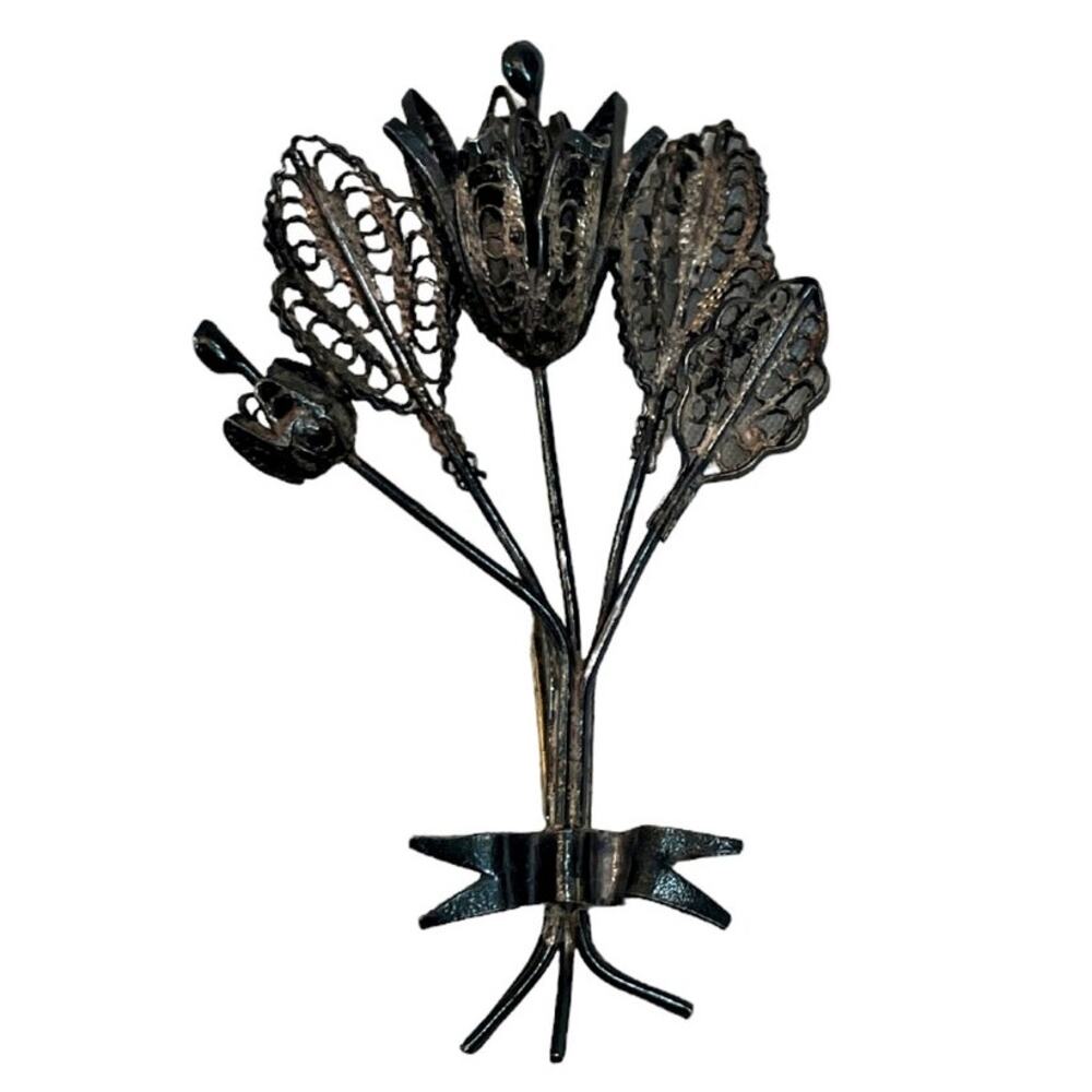 Antique Vtg Delicate Filigree .925 Silver Flower Leaf Bouquet Brooch Pin C Clasp